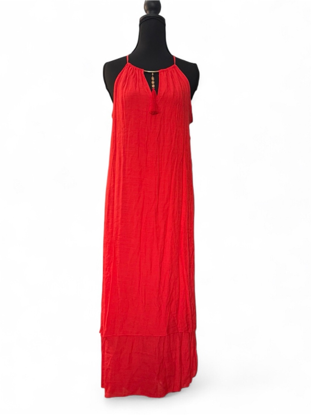 Red Sleeveless Maxi Dress W Tassel Neck | Casual Weddinh Guest, Summer Vacation